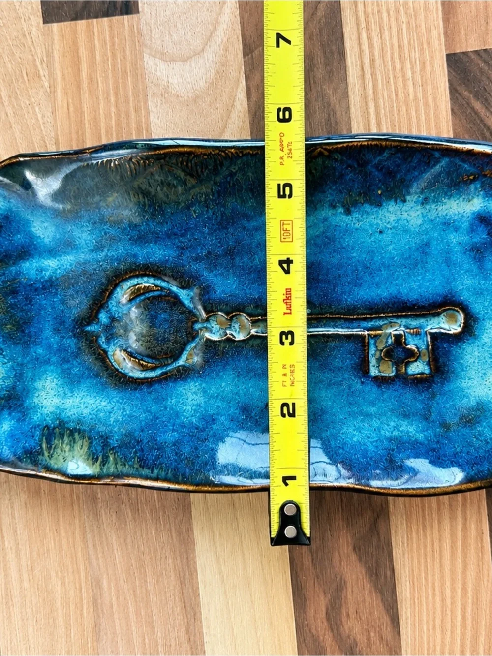 Handmade Studio Pottery Blue Reactive Glaze Skeleton Key Trinket Catchall Tray